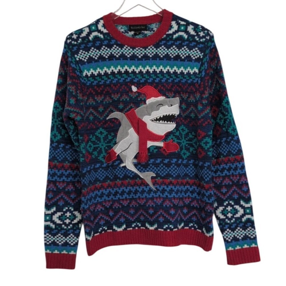 Blizzard Bay Shark Ugly Christmas Sweater Mens Size Medium Blue Winter Holiday